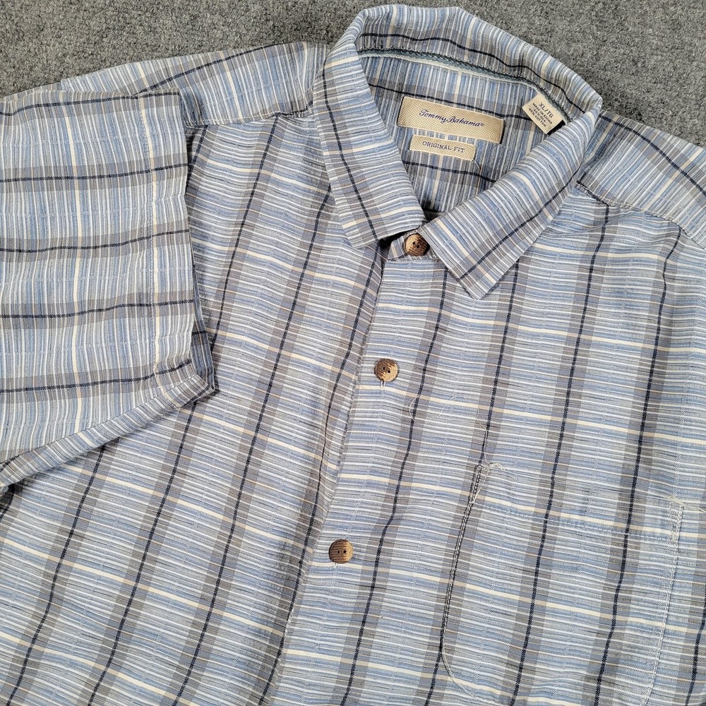 Tommy Bahama Shirt Mens XL Blue Stripe Silk Cotton Short Sleeve Button Up Casual